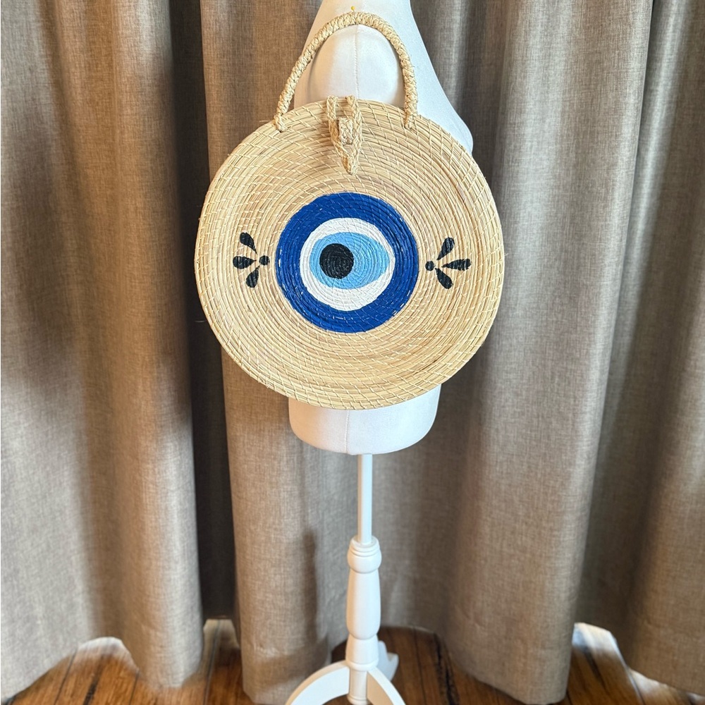 Round Straw Evil Eye Tote Bag